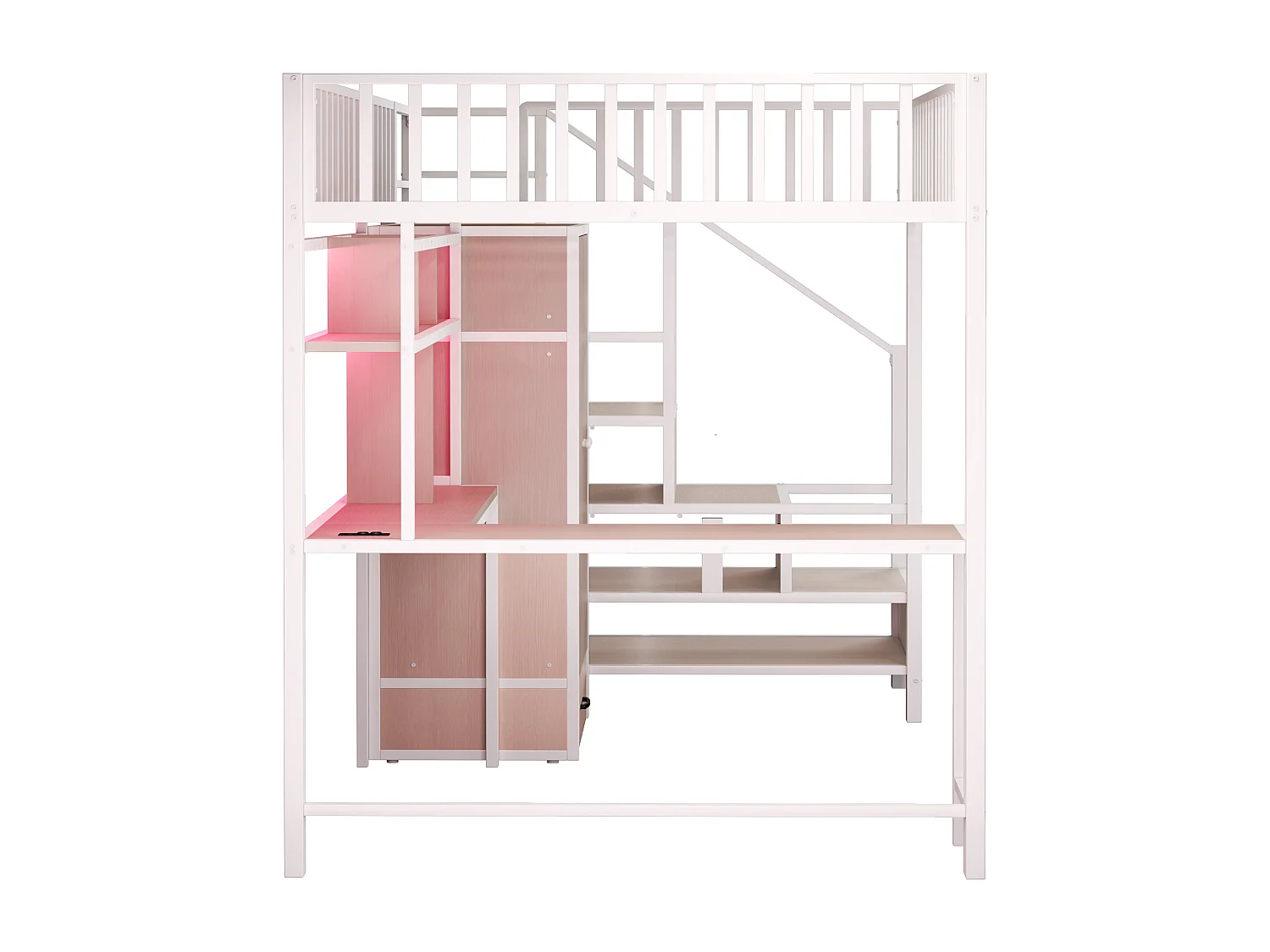Lit mezzanine 140x200cm avec LED avec bureaux étagères armoires et tiroirs ascenseurs de stockage et garde-corps en blanc (sans matelas)