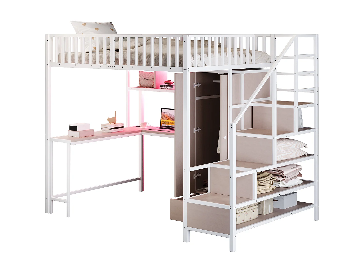 Lit mezzanine 140x200 cm avec bureau, armoire, rangements, éclairage LED et prises, métal, blanc (Sans matelas)