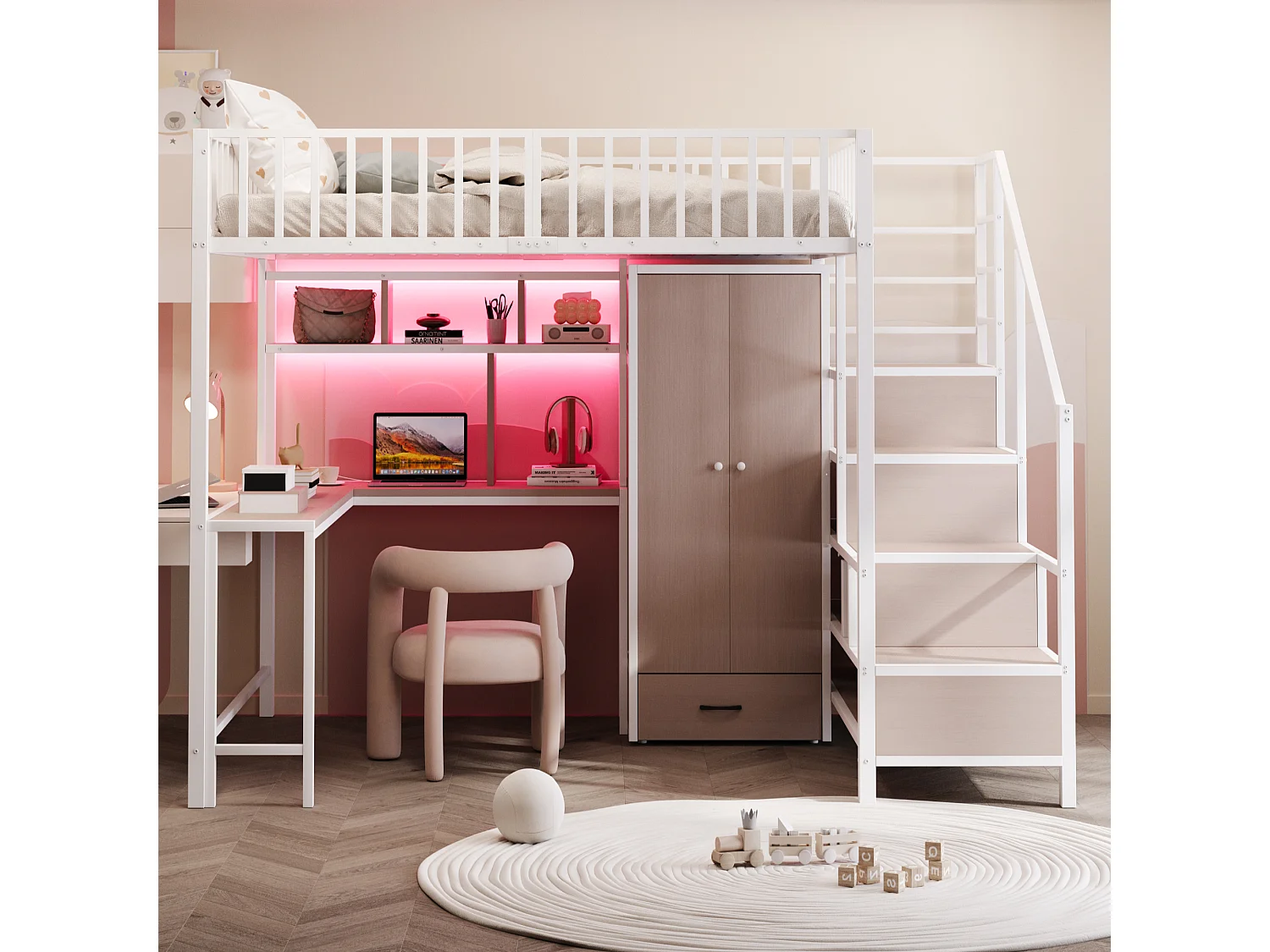 Lit mezzanine 140x200 cm avec bureau, armoire, rangements, éclairage LED et prises, métal, blanc (Sans matelas)