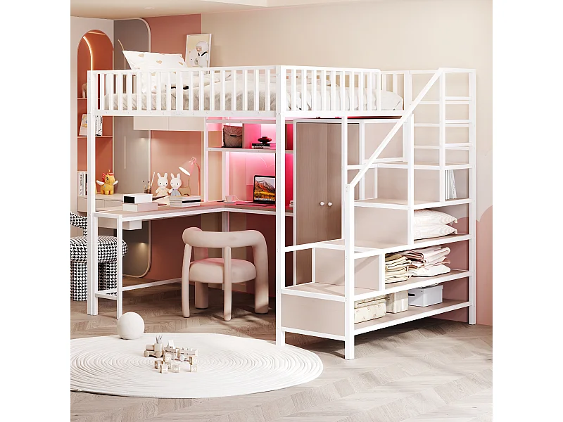 Lit mezzanine 140x200cm avec LED avec bureaux étagères armoires et tiroirs ascenseurs de stockage et garde-corps en blanc (sans matelas)