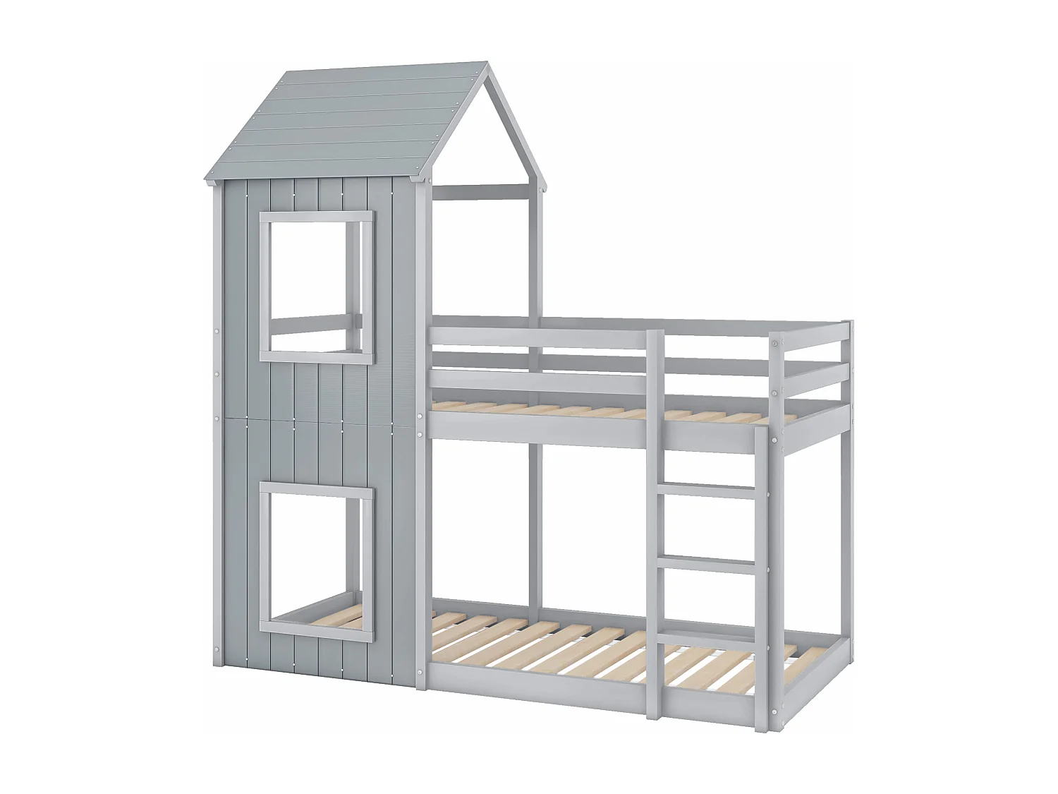 Litera infantil de 90 x 200 cm con base - cama alta con protección anticaídas y dosel - madera - gris (sin colchón)