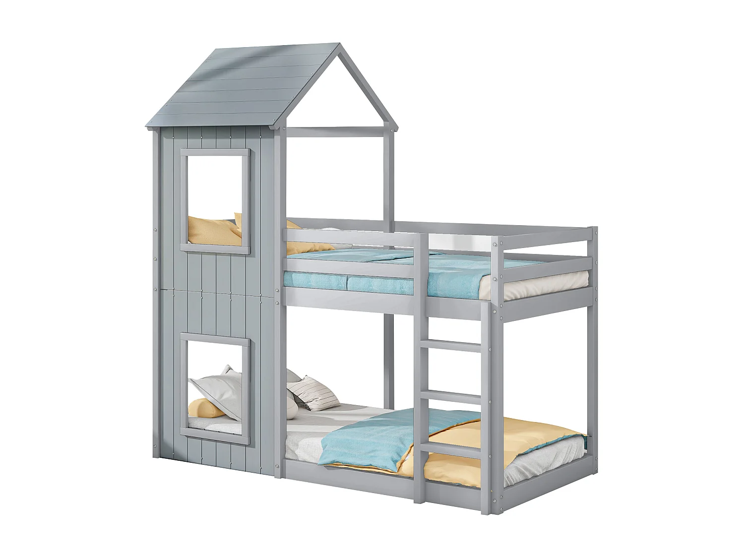 Litera infantil de 90 x 200 cm con base - cama alta con protección anticaídas y dosel - madera - gris (sin colchón)