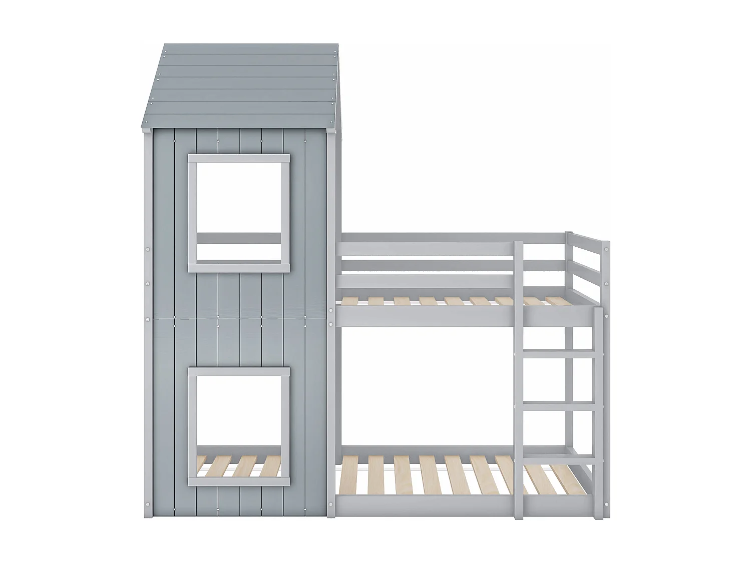 Lit superposé 90x200 cm avec barrière de sécurité et échelle, structure en bois de pin, gris (Sans matelas)
