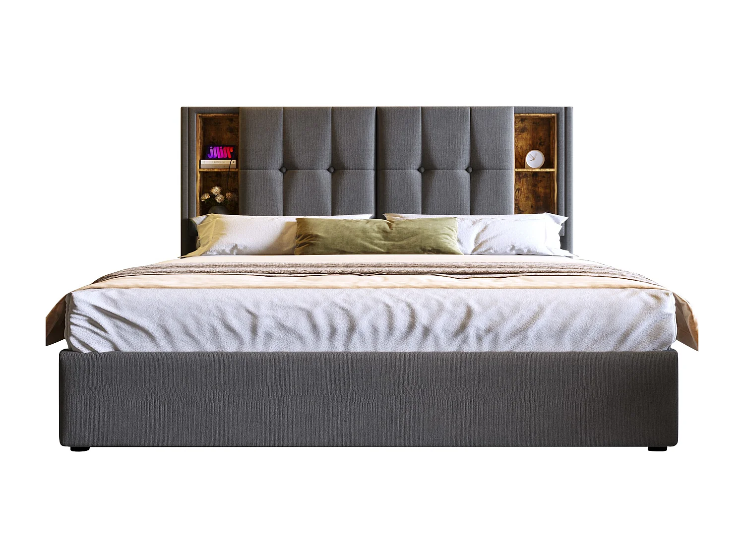 Volwassen opbergbed 160x200cm met bedbodem - hoofdeinde met USB en opbergruimte - katoenen stof - grijs (zonder matras)