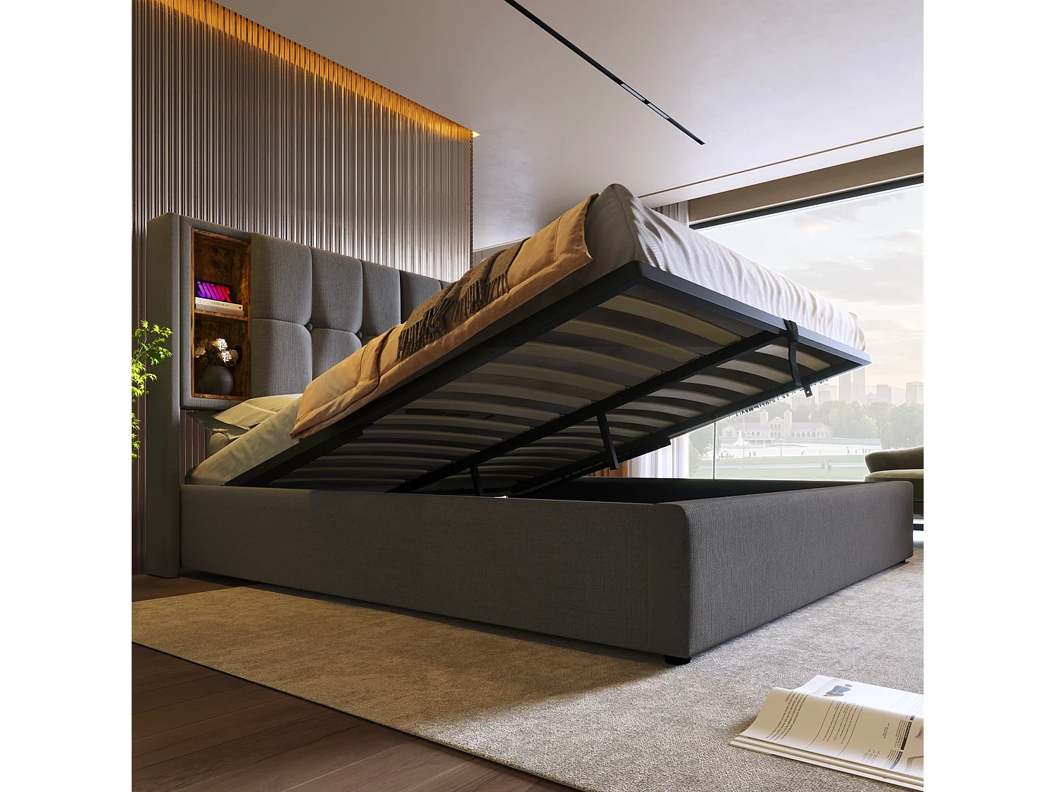 Letto contenitore 160x200 cm con contenitore, con ricarica wireless, USB e Type C, in cotone, grigio (Senza materasso)