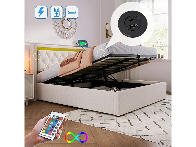 Lit coffre adulte 160x200 cm avec sommier - tête de lit capitonnée avec USB et LED - coton - beige (sans matelas)