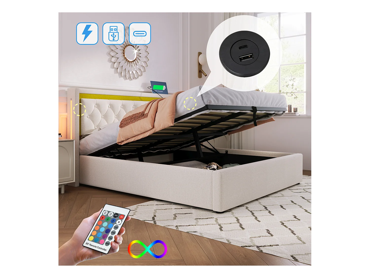 Lit coffre 160x200 cm avec sommier - tête de lit capitonnée avec USB et LED - coton - beige (sans matelas)