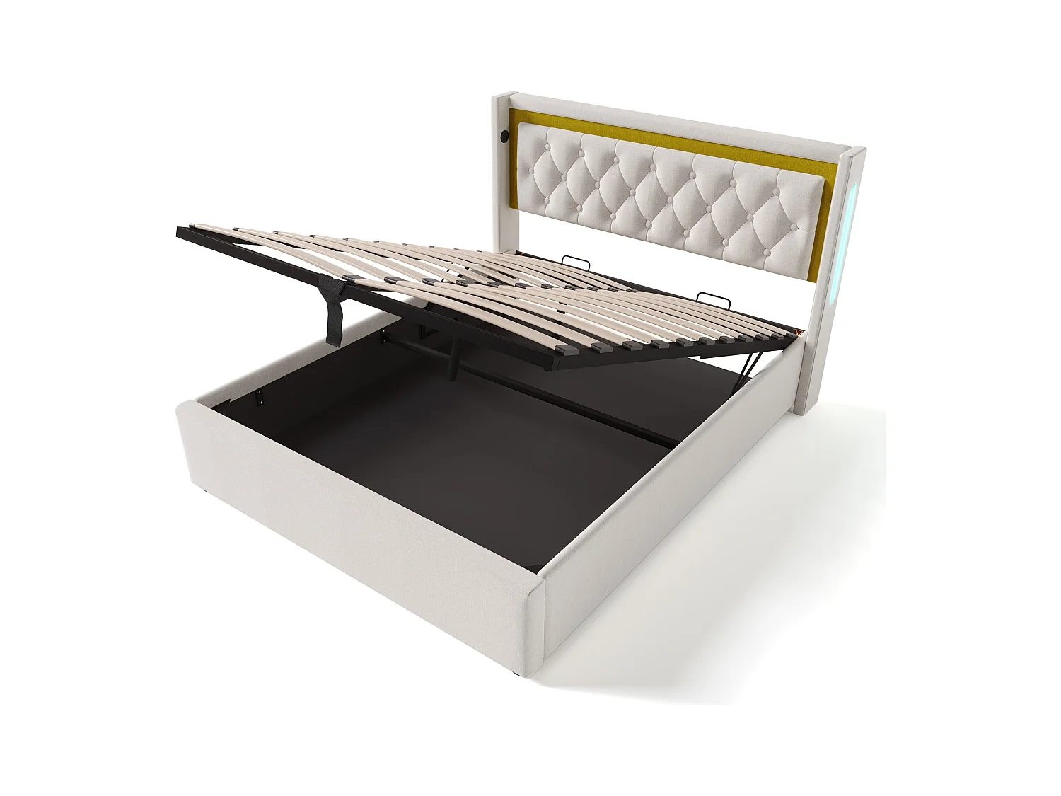 Lit coffre 160x200 cm avec sommier - tête de lit capitonnée avec USB et LED - coton - beige (sans matelas)