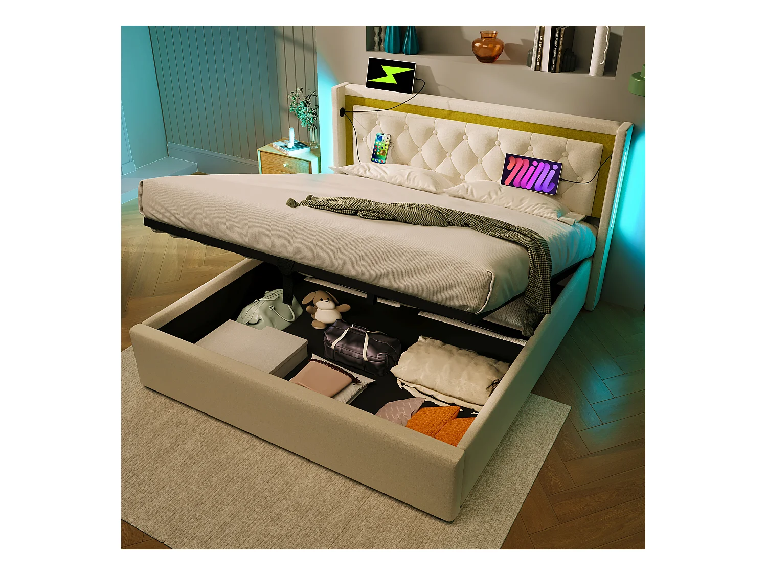 Lit coffre 160x200 cm avec sommier - tête de lit capitonnée avec USB et LED - coton - beige (sans matelas)