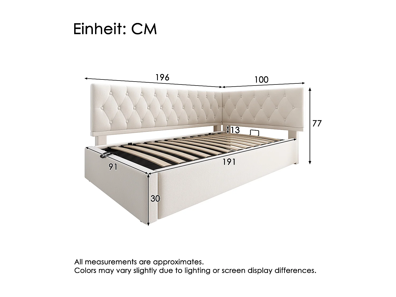 Kinderbed met opbergruimte 90x190cm met lattenbodem - gestoffeerd hoofdbord - metalen bedframe - beige fluweel (zonder matras)