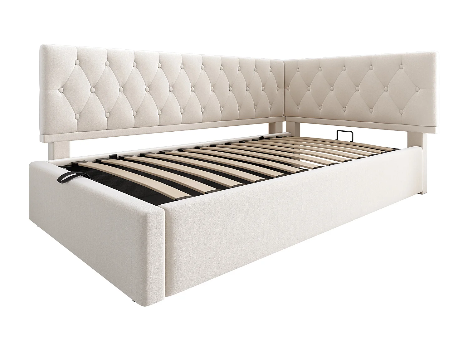 Letto contenitore per bambini 90x190cm con rete a doghe - testiera imbottita - struttura letto in metallo - velluto beige (senza materasso)