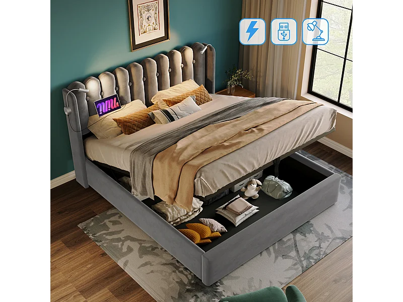 lit coffre adulte 140x200 cm avec sommier - tête de lit rembourré USB et lumière - velours gris (sans matelas)