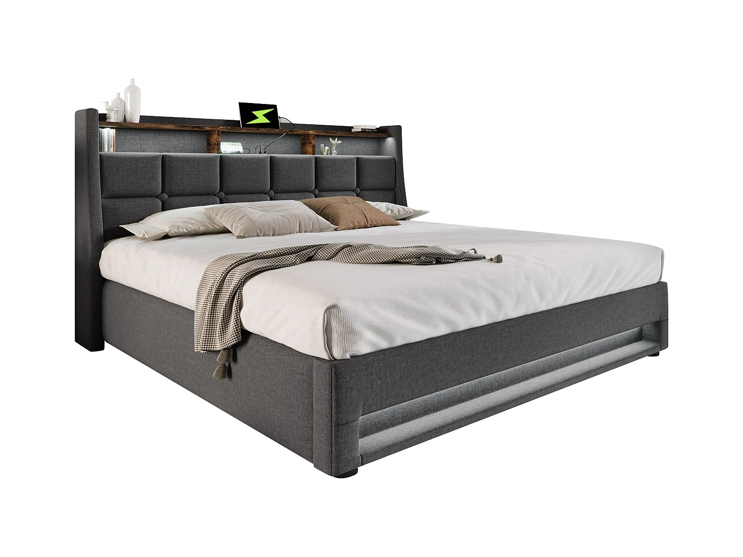 Lit coffre 180x200 cm avec avec sommier - tête de lit capitonnée avec USB et LED - tissu lin - gris (sans matelas)