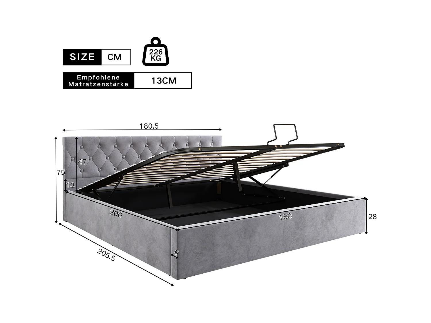 Lit coffre adulte 180x200 cm avec sommier à lattes - tête de lit rembourré et velours - gris (sans matelas)