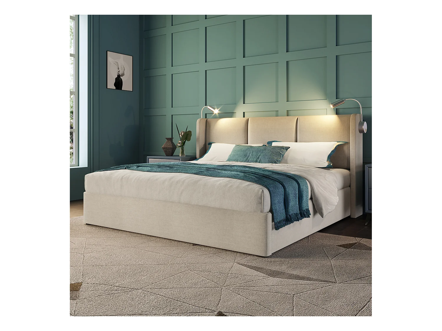 Lit coffre 160x200 cm avec sommier - tête de lit avec USB et lumière de lecture - lin beige (sans matelas)