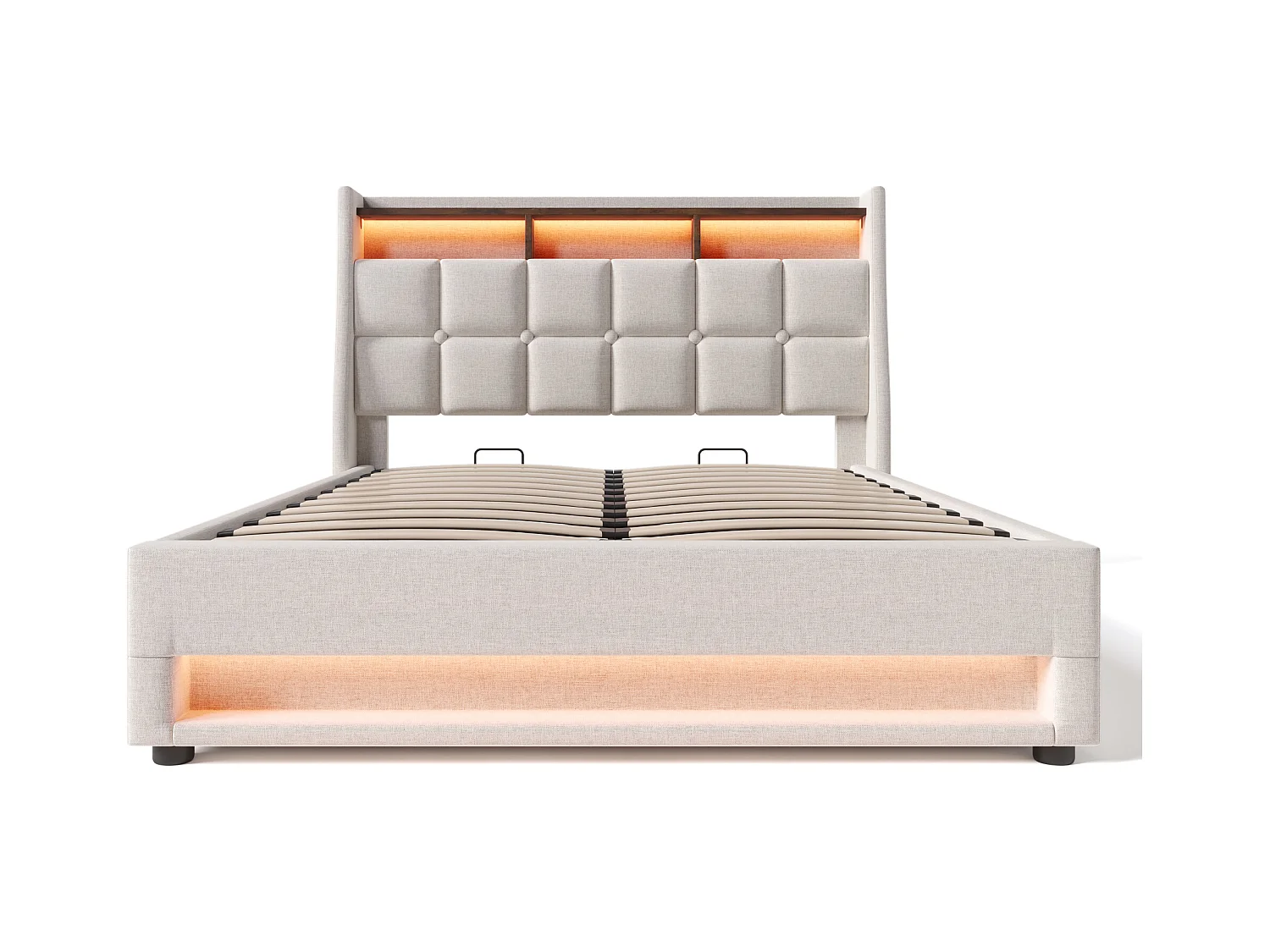 Lit coffre 180x200 cm avec avec sommier - tête de lit capitonnée avec USB et LED - tissu lin - beige (sans matelas)