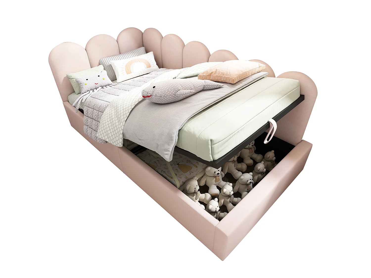 Lit coffre 90x200 cm avec coffre de rangement hydraulique et lattes métalliques, en velours, rose (Sans matelas)