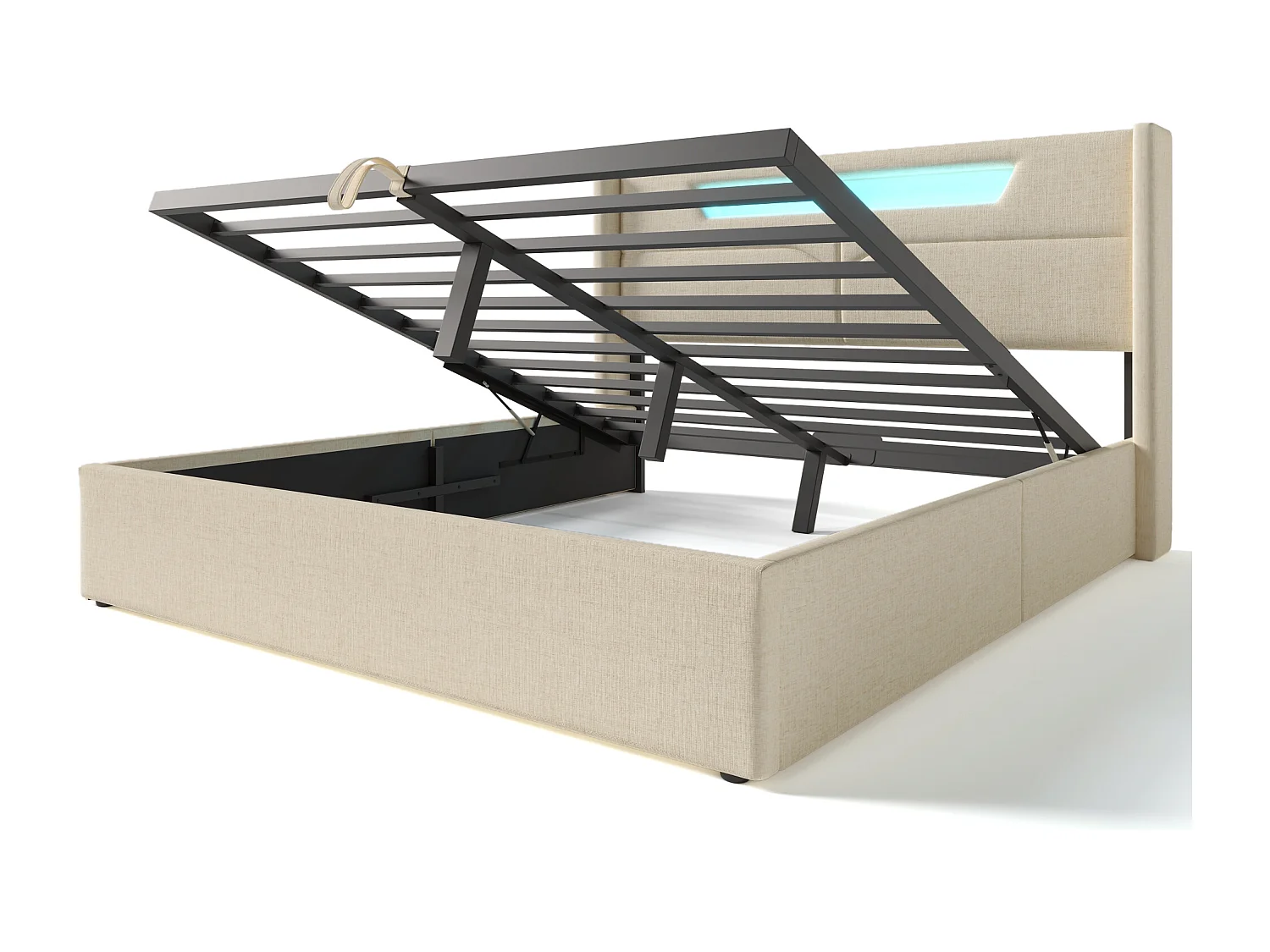 Letto contenitore per adulti 140x200 cm - testiera con USB e LED - struttura in metallo - lino beige (senza materasso)