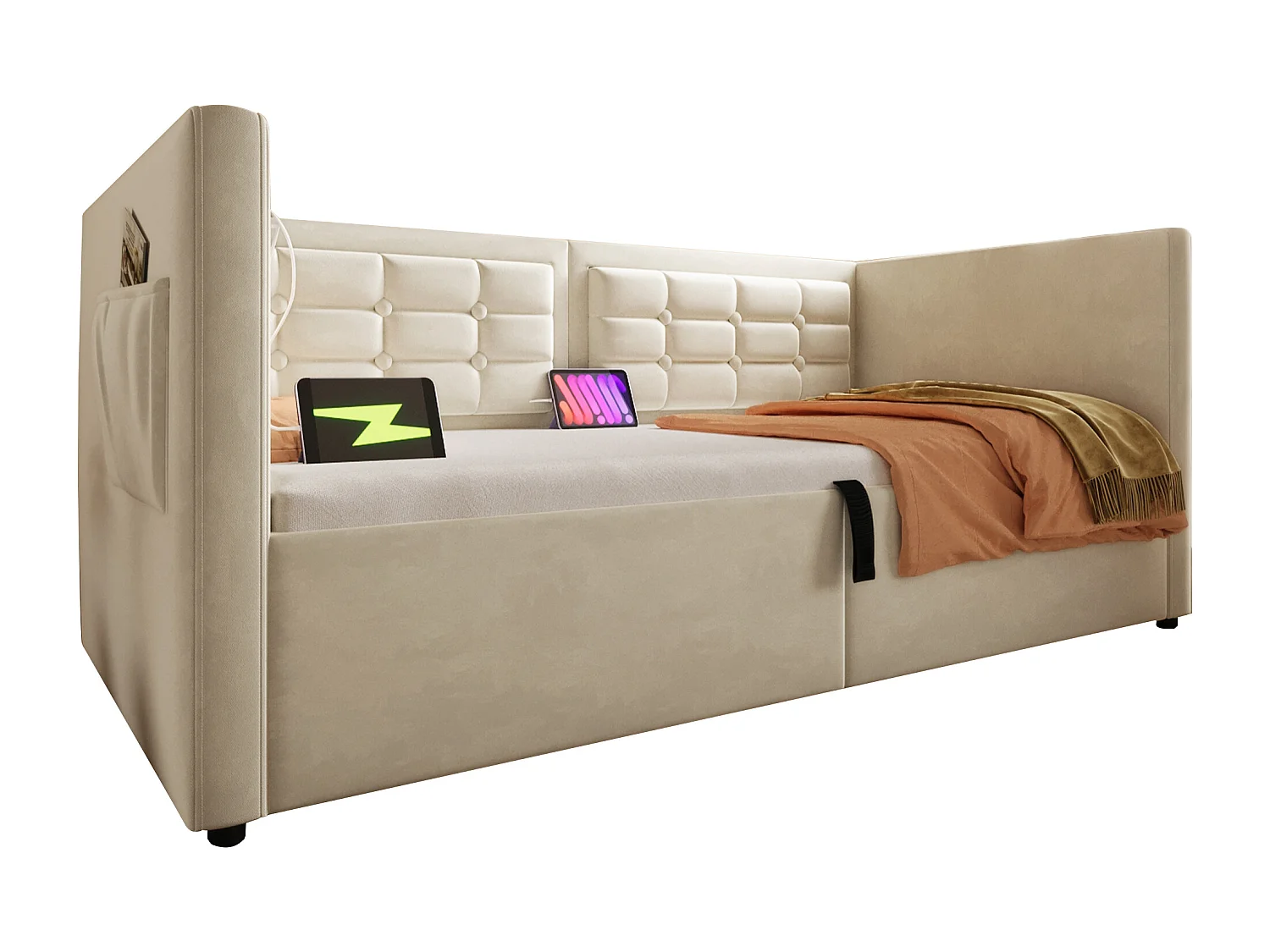 Lit enfant 90x200cm avec sommier - tête de lit rembourré avec USB - cadre de lit en métal - velours beige (sans matelas)