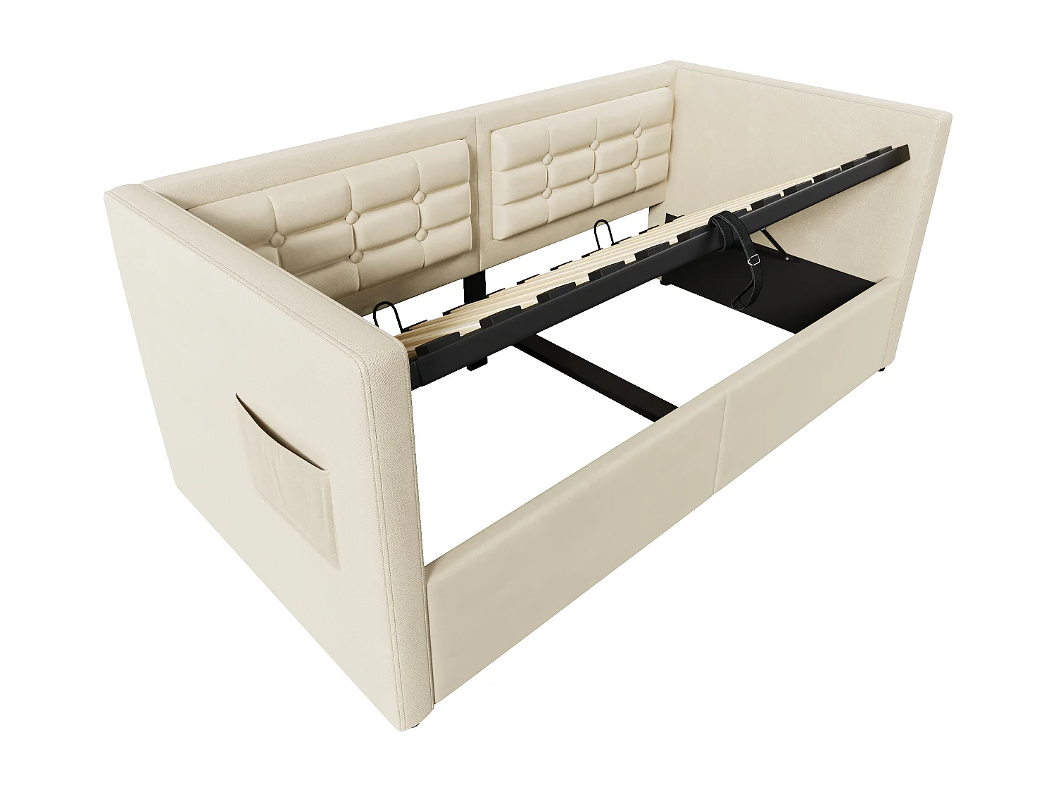 Kinderbed met opbergruimte 90x200cm met lattenbodem - gewatteerd hoofdeinde met USB - metalen bedframe - beige fluweel (zonder matras)