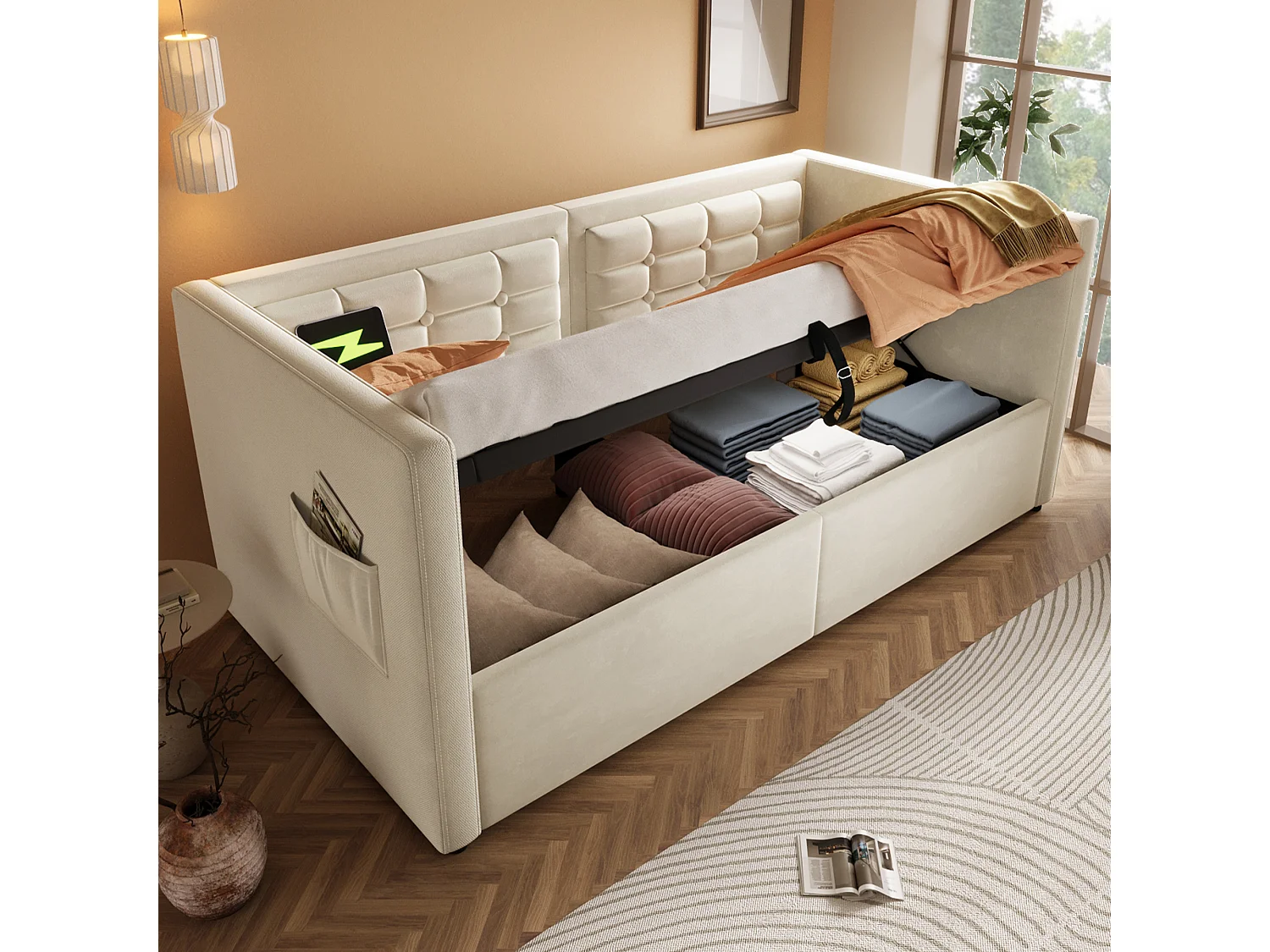 Lit simple 90x200 cm avec rangement hydraulique et station de charge USB Type C, en velours, beige (Sans matelas)