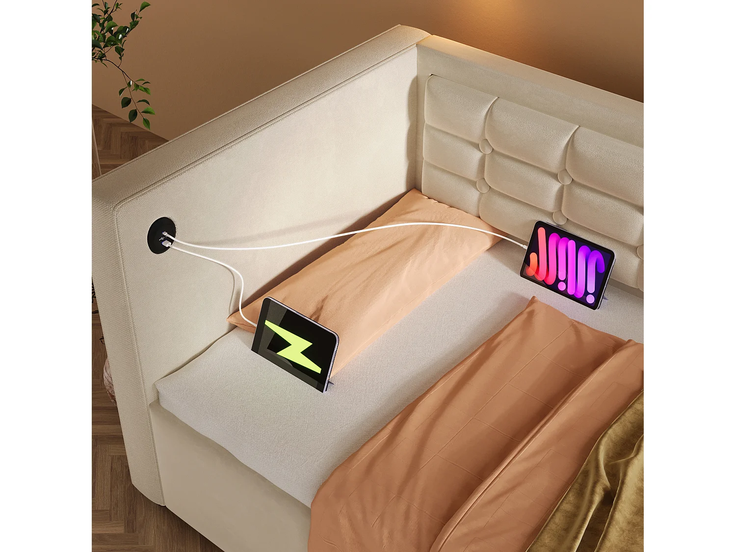 Lit simple 90x200 cm avec rangement hydraulique et station de charge USB Type C, en velours, beige (Sans matelas)