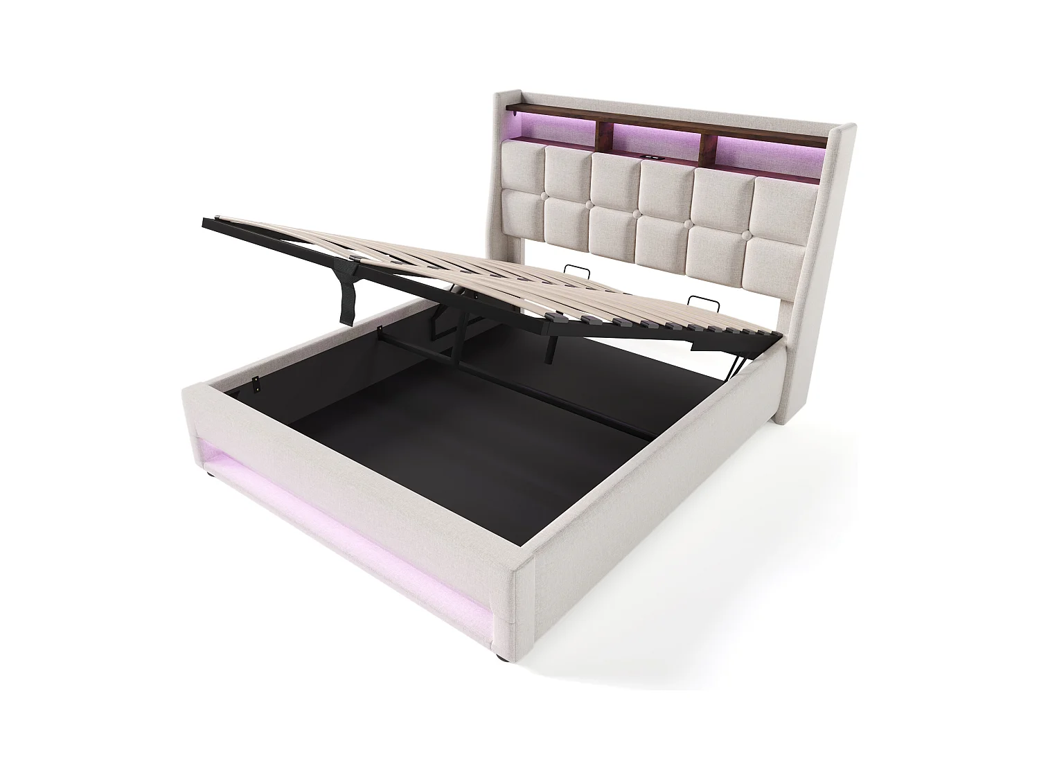 Lit coffre 160x200 cm avec avec sommier - tête de lit capitonnée avec USB et LED - tissu lin - beige (sans matelas)