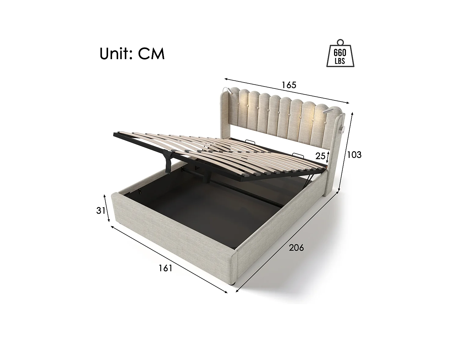 lit coffre 160x200 cm avec sommier - tête de lit rembourré USB et lumière - lin naturel (sans matelas)