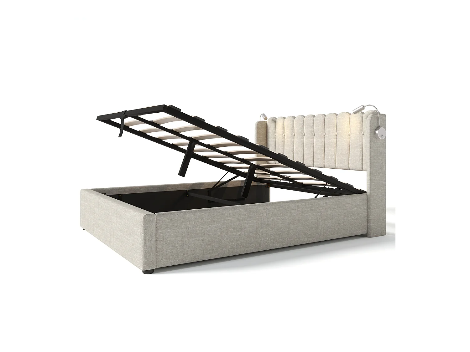 lit coffre 160x200 cm avec sommier - tête de lit rembourré USB et lumière - lin naturel (sans matelas)