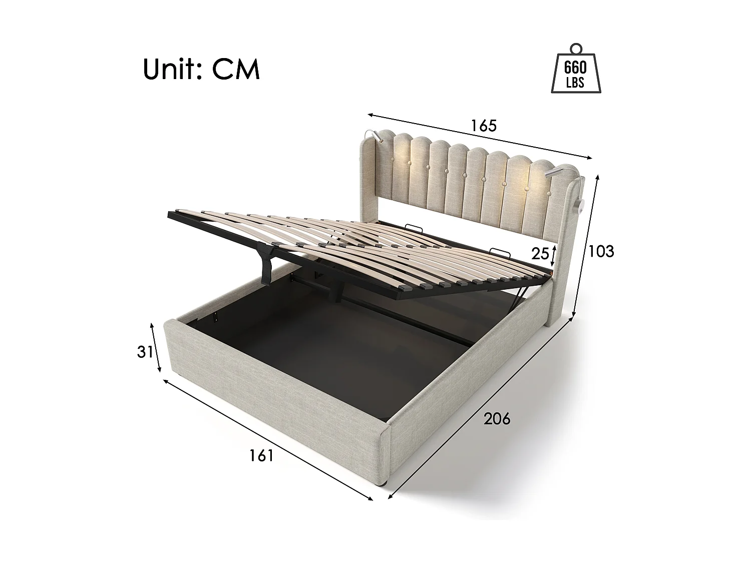 Volwassen opbergbed 160x200 cm met bedbodem - gewatteerd hoofdeinde USB en licht - natuurlijk linnen (zonder matras)