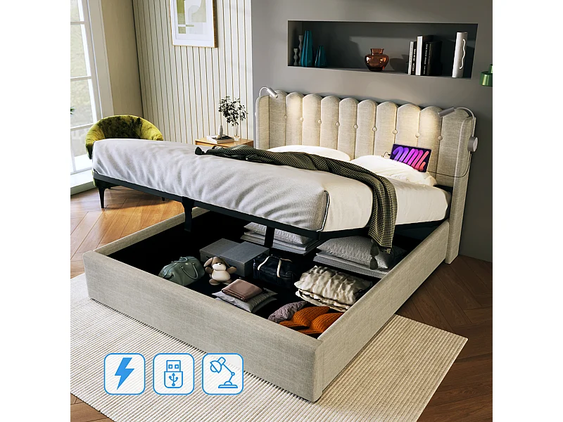 lit coffre adulte 140x200 cm avec sommier - tête de lit rembourré USB et lumière - lin naturel (sans matelas)