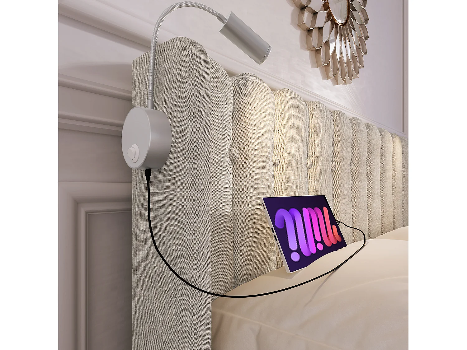 Volwassen opbergbed 140x200 cm met bedbodem - gewatteerd hoofdeinde USB en licht - natuurlijk linnen (zonder matras)