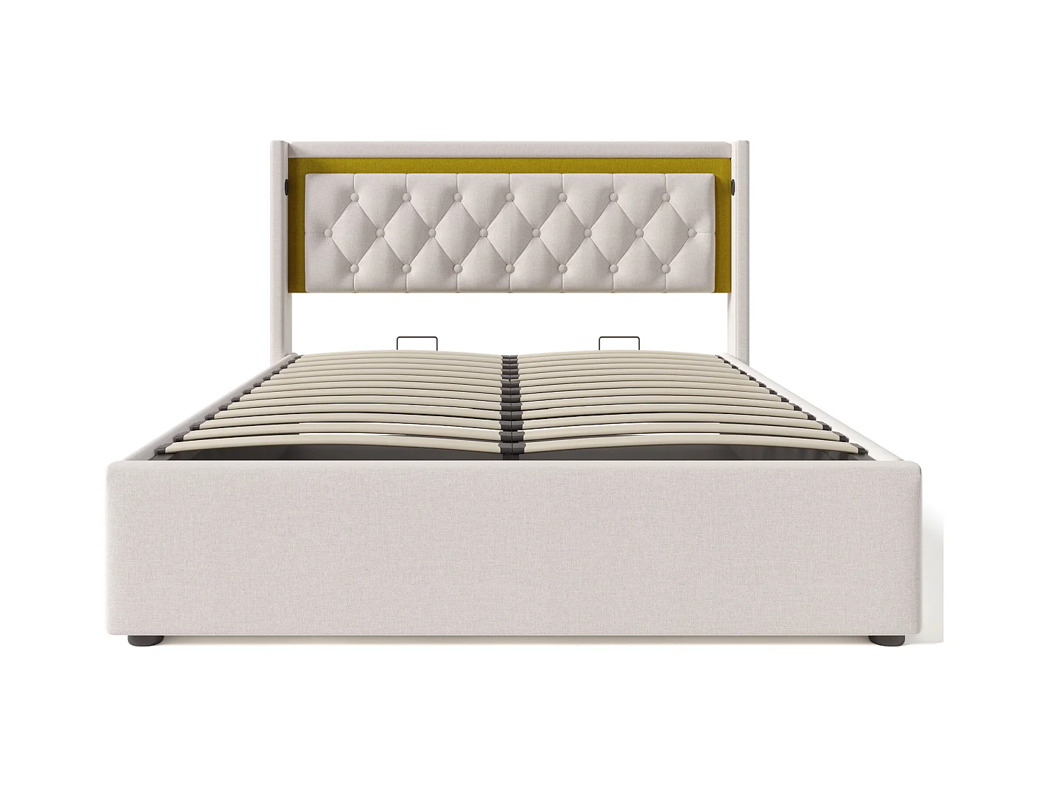 Lit coffre 140x200 cm avec sommier - tête de lit capitonnée avec USB et LED - coton - beige (sans matelas)