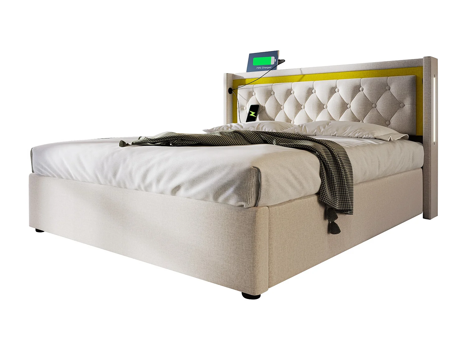 Lit coffre 140x200 cm avec sommier - tête de lit capitonnée avec USB et LED - coton - beige (sans matelas)