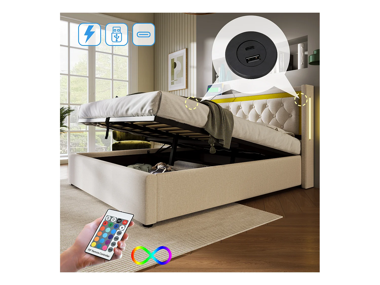 Lit coffre adulte 140x200 cm avec sommier - tête de lit capitonnée avec USB et LED - coton - beige (sans matelas)