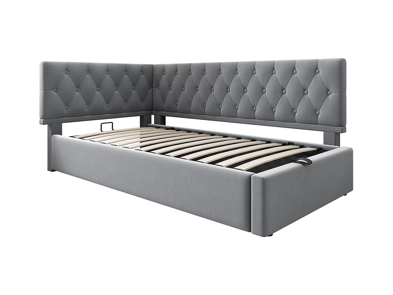 Lit coffre 90x190cm avec sommier - tête de lit capitonnée - cadre de lit en métal - velours gris (sans matelas)