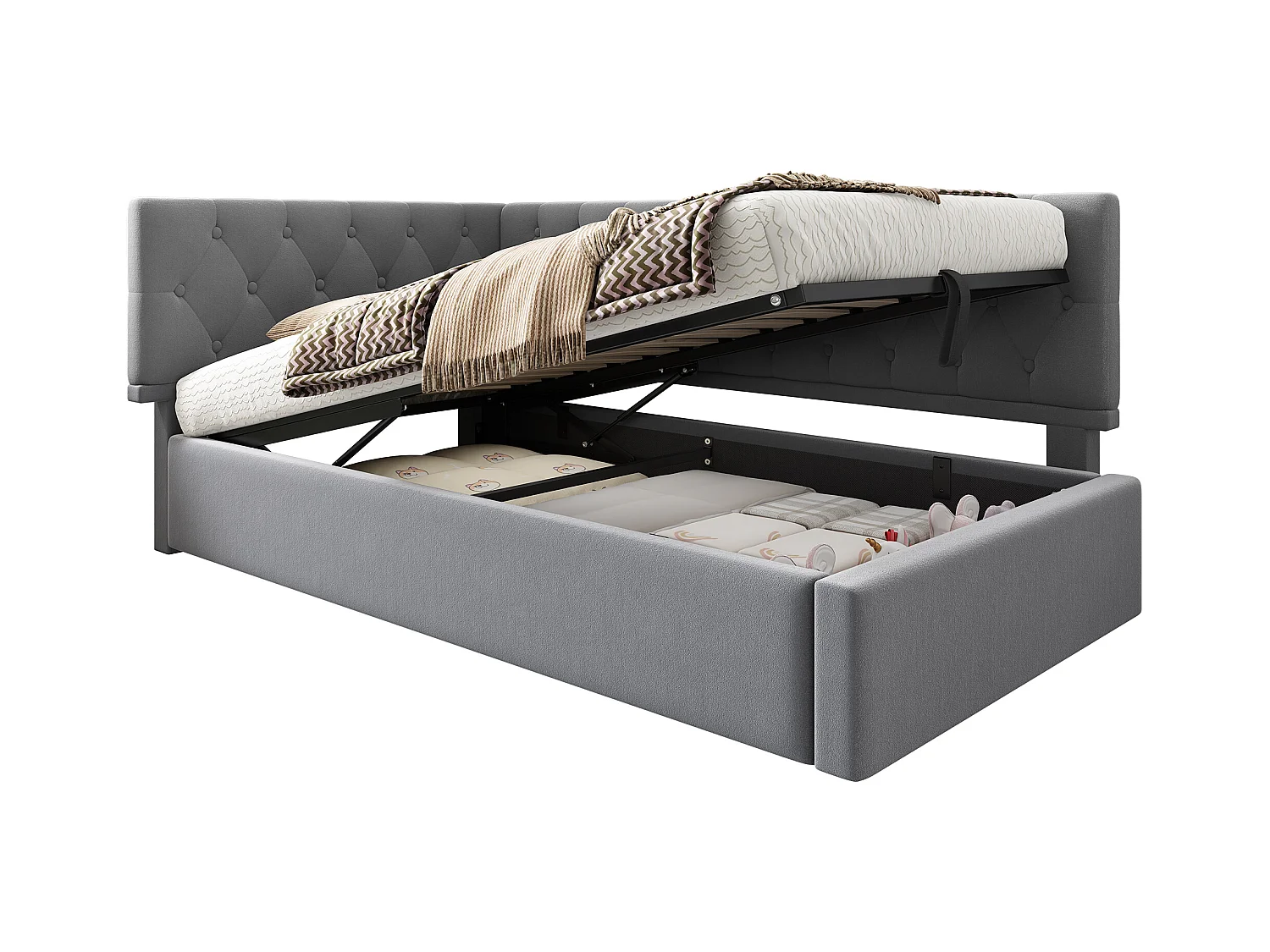 Lit coffre 90x190cm avec sommier - tête de lit capitonnée - cadre de lit en métal - velours gris (sans matelas)