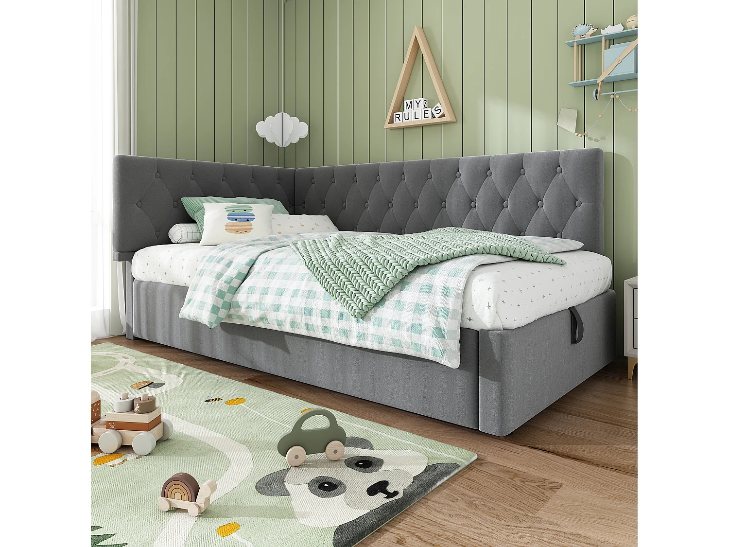 Letto contenitore per bambini 90x190cm con rete a doghe - testiera imbottita - struttura letto in metallo - velluto grigio (senza materasso)