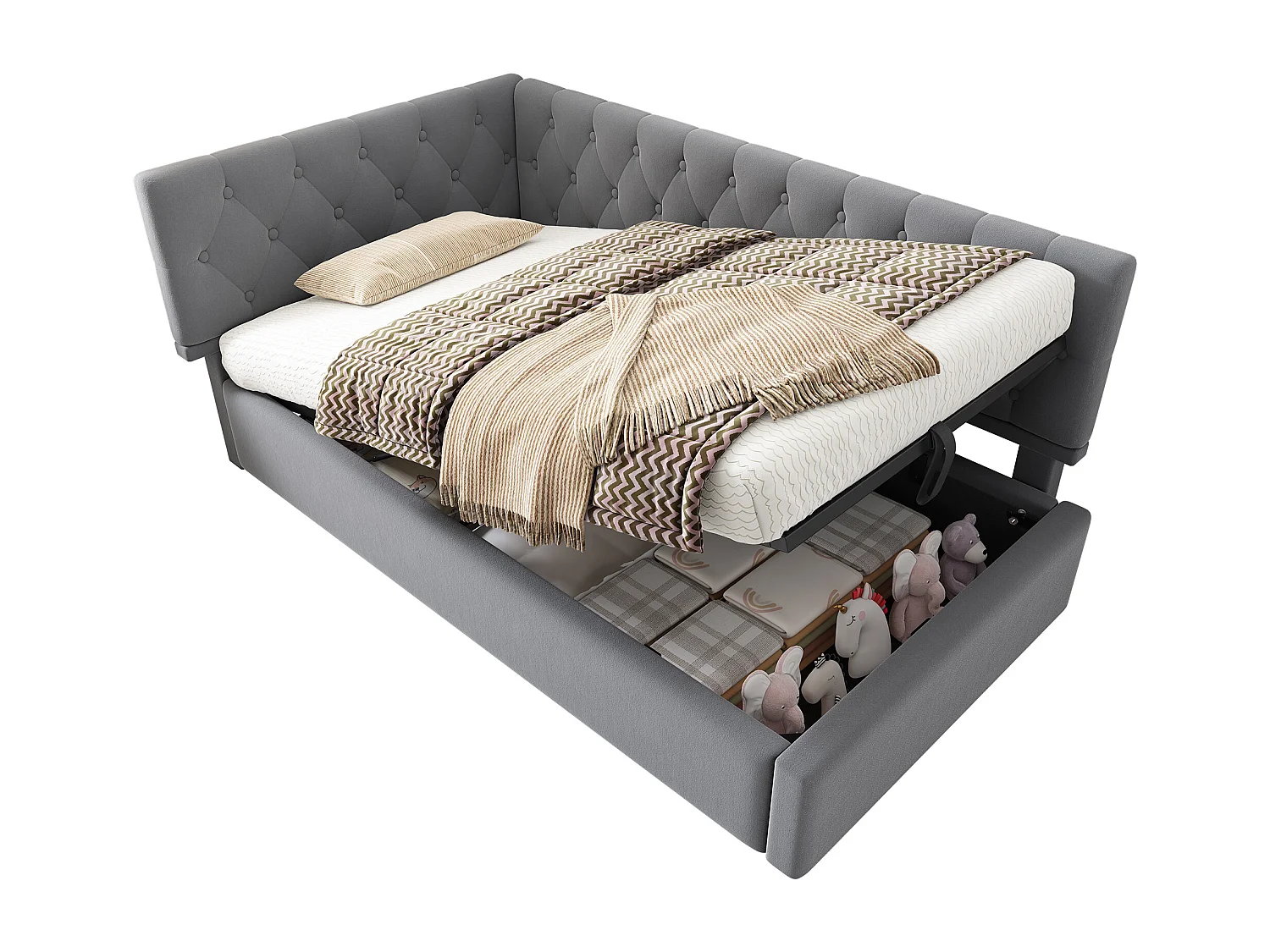 Lit coffre 90x190 cm avec rangement hydraulique, tête de lit réversible, en velours, gris (Sans matelas)