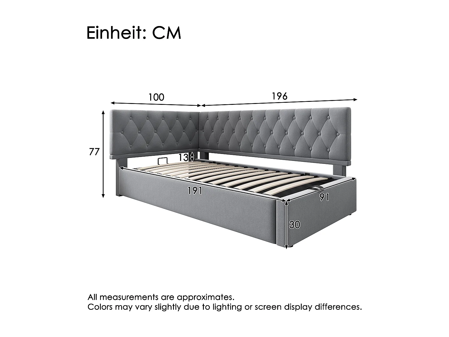 Lit coffre 90x190 cm avec rangement hydraulique, tête de lit réversible, en velours, gris (Sans matelas)