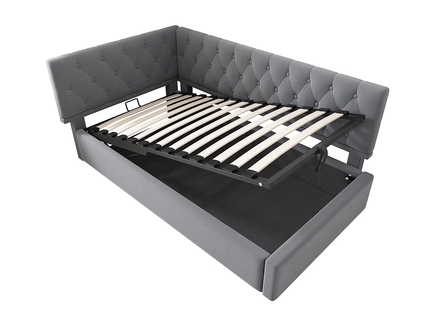 Lit coffre 90x190 cm avec rangement hydraulique, tête de lit réversible, en velours, gris (Sans matelas)