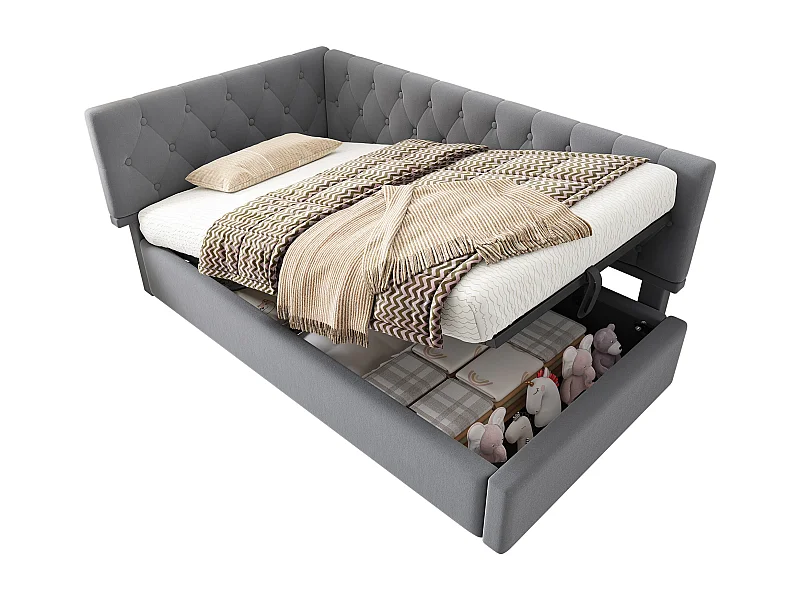 Cama infantil con canapé de 90x190cm con somier de láminas - cabecero tapizado - estructura de metal - terciopelo gris (sin colchón)