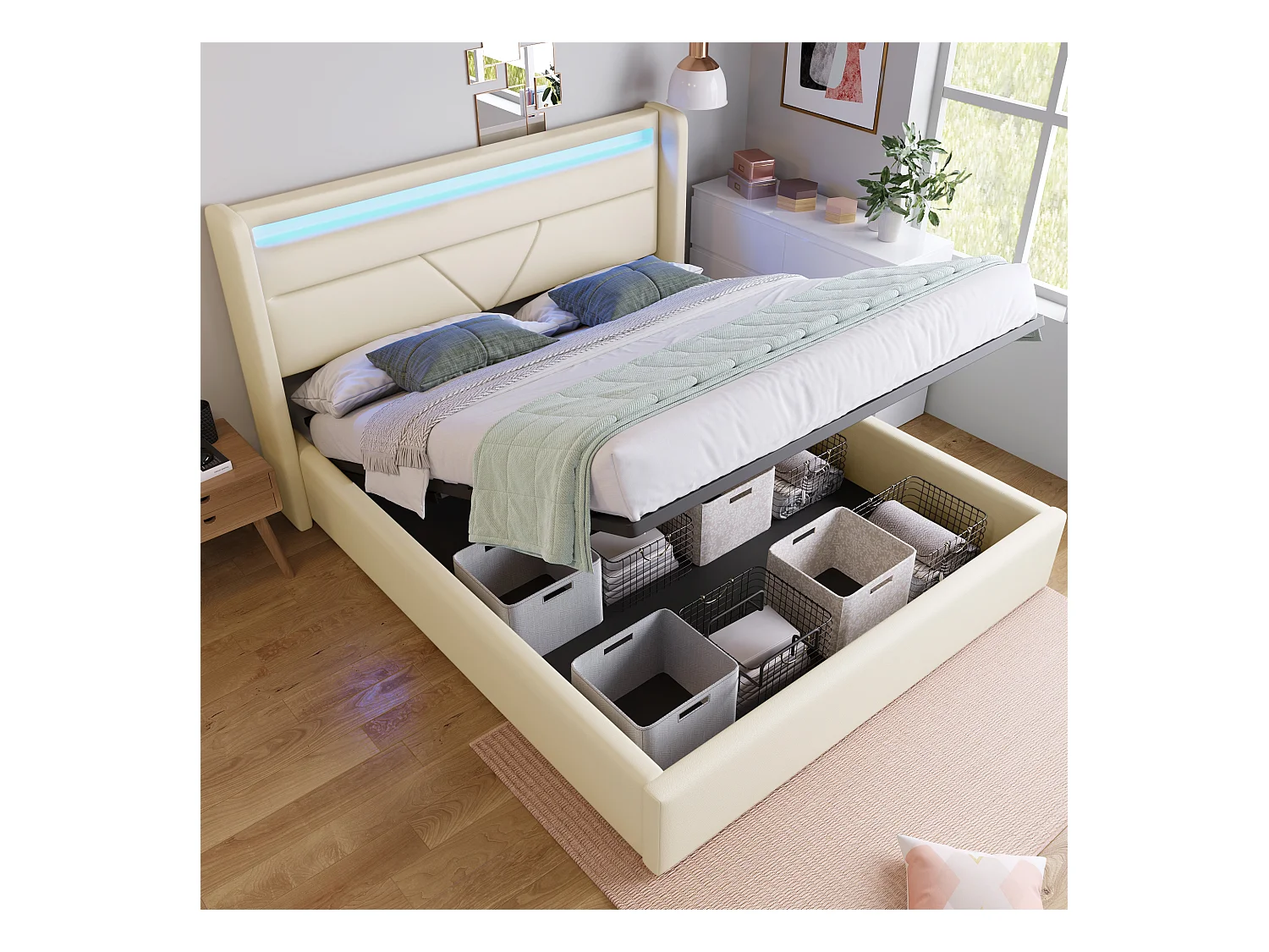 Lit coffre adulte 140x200 cm avec sommier - tête de lit rembourrée avec LED - similicuir blanc (sans matelas)