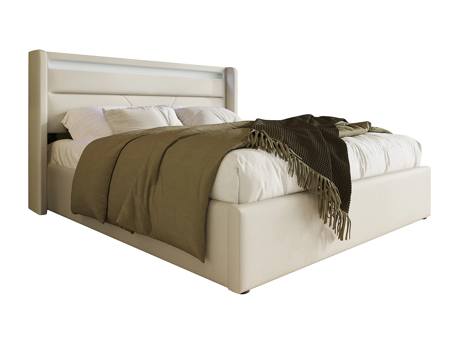 Volwassen opbergbed 140x200 cm met lattenbodem - gewatteerd hoofdeinde met LED-verlichting - wit imitatieleer (zonder matras)