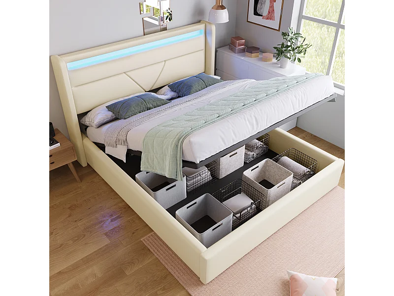 Volwassen opbergbed 140x200 cm met lattenbodem - gewatteerd hoofdeinde met LED-verlichting - wit imitatieleer (zonder matras)