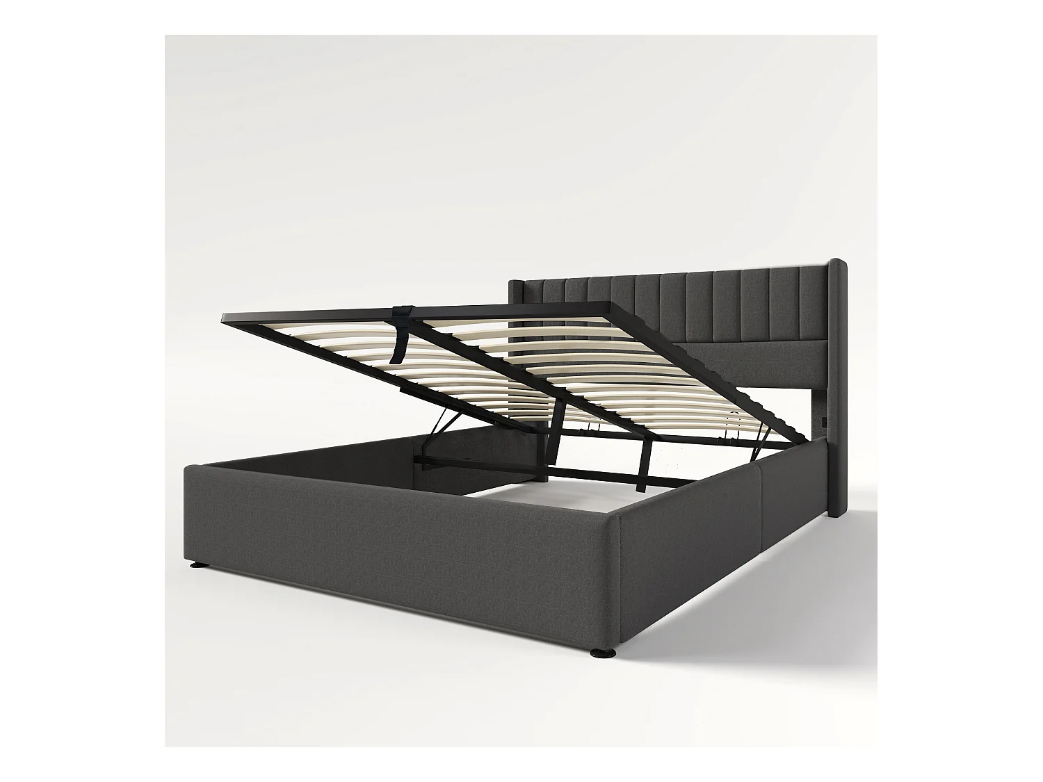 Lit coffre 140x200 cm avec sommier - tête de lit capitonnée - cadre de lit en métal - lin gris (sans matelas)