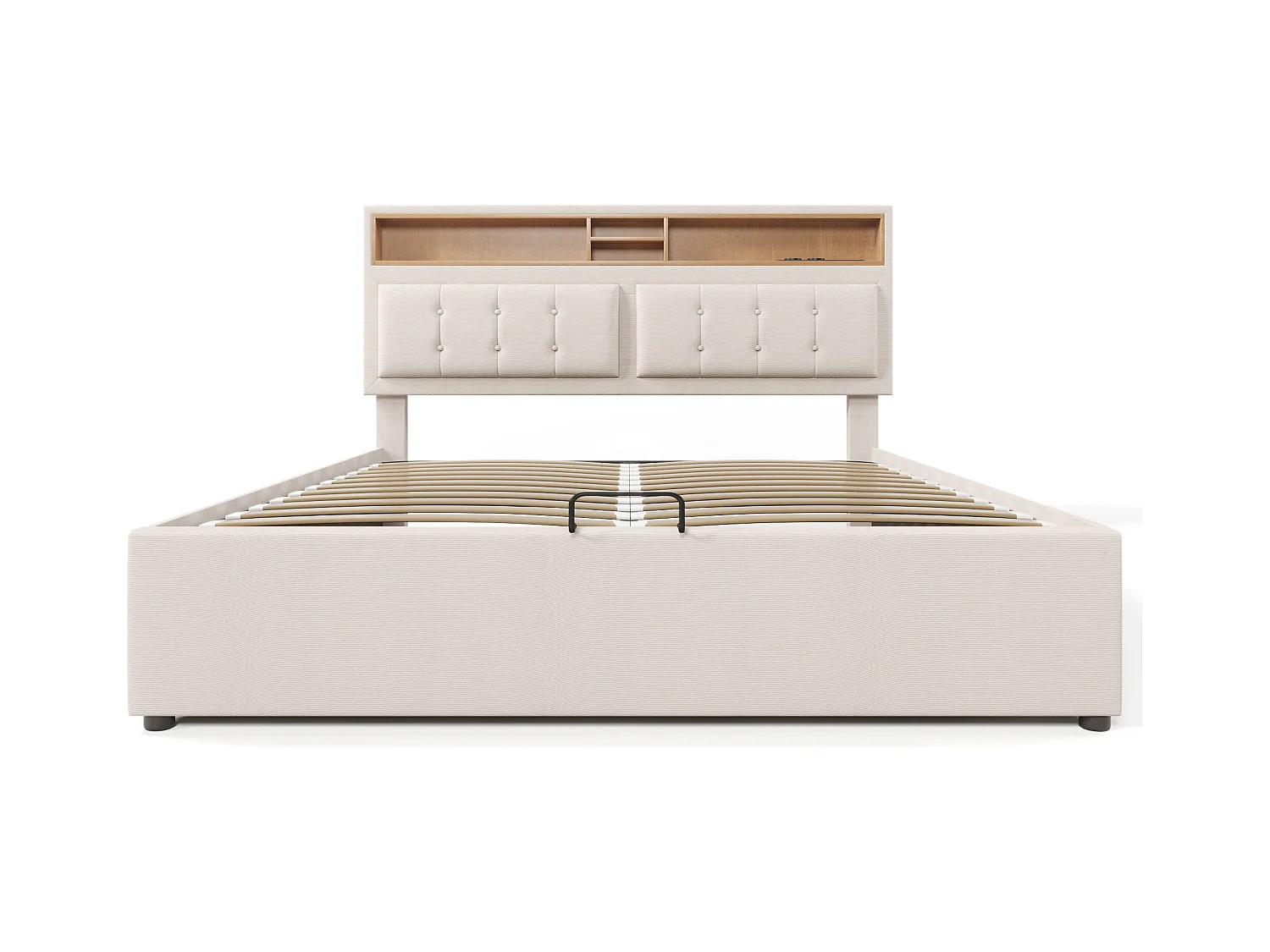 Lit coffre 160x200 cm avec avec sommier - tête de lit avec rangement et USB - tissu lin - beige (sans matelas)