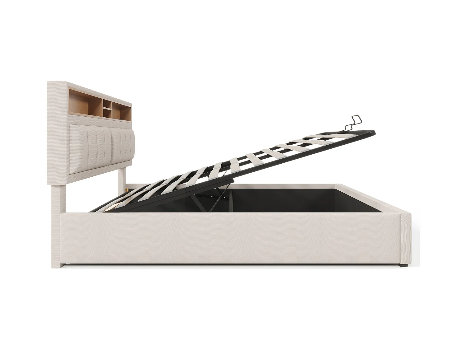 Lit coffre 160x200 cm avec avec sommier - tête de lit avec rangement et USB - tissu lin - beige (sans matelas)