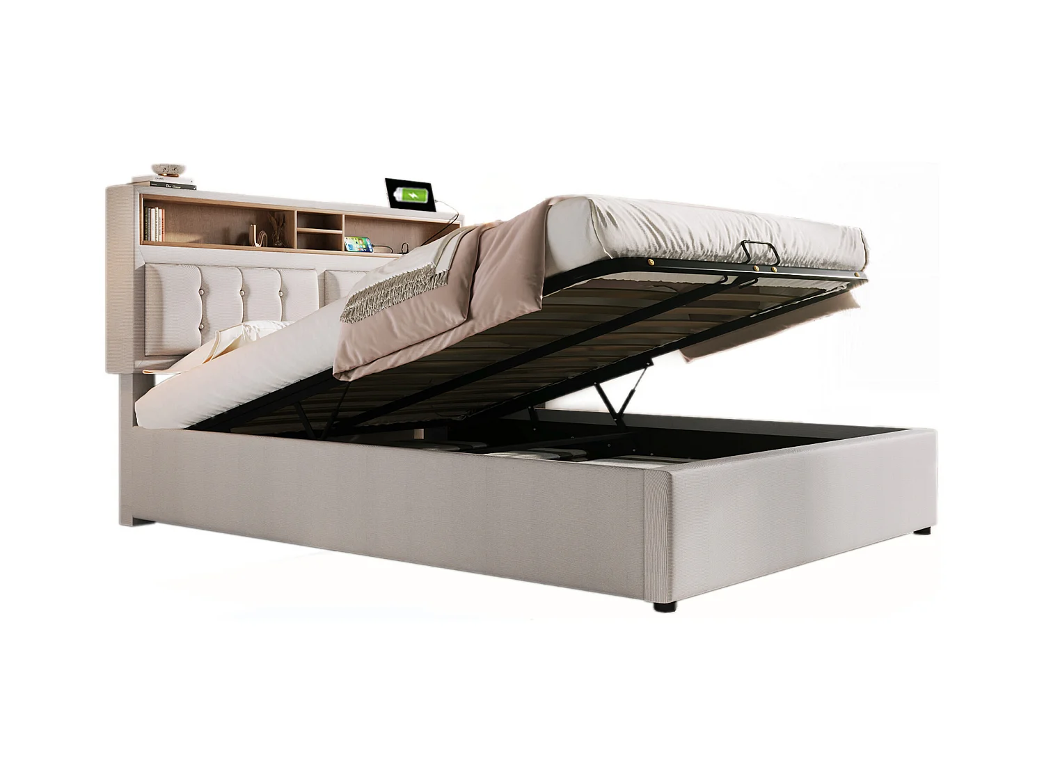 Lit coffre 160x200 cm avec avec sommier - tête de lit avec rangement et USB - tissu lin - beige (sans matelas)