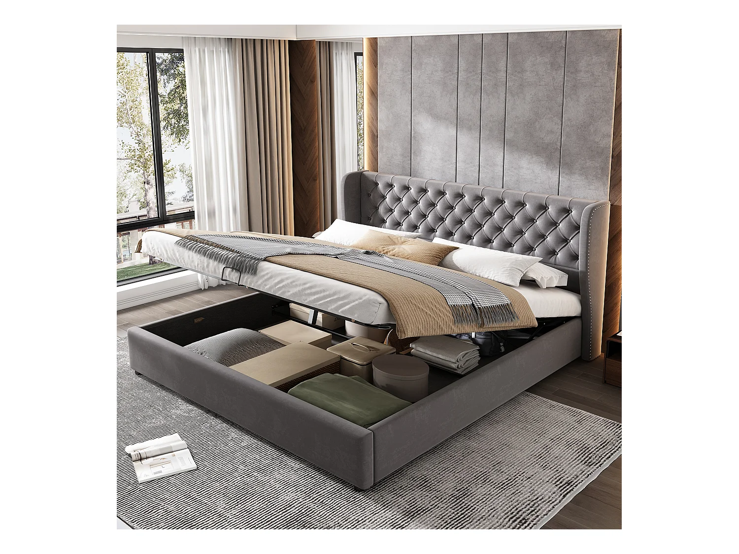 Lit coffre 160x200 cm lit 2 places avec sommier et tête de lit en forme d'oreillel - gris velours (sans matelas)